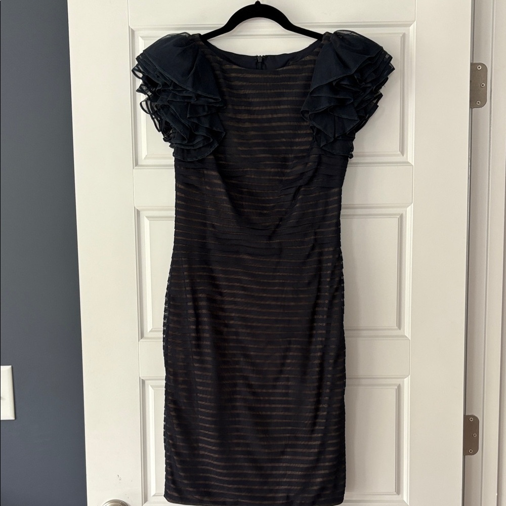 Tadashi Shoji Navy Striped Mini Dress with Ruffled Sleeves